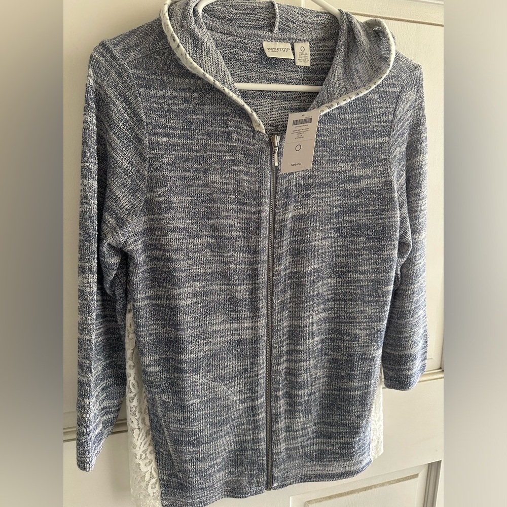 Zenergy by Chicos 3/4Sleeve Zip Front/Hooded Sweater/Lace & Metallic~Size 0
